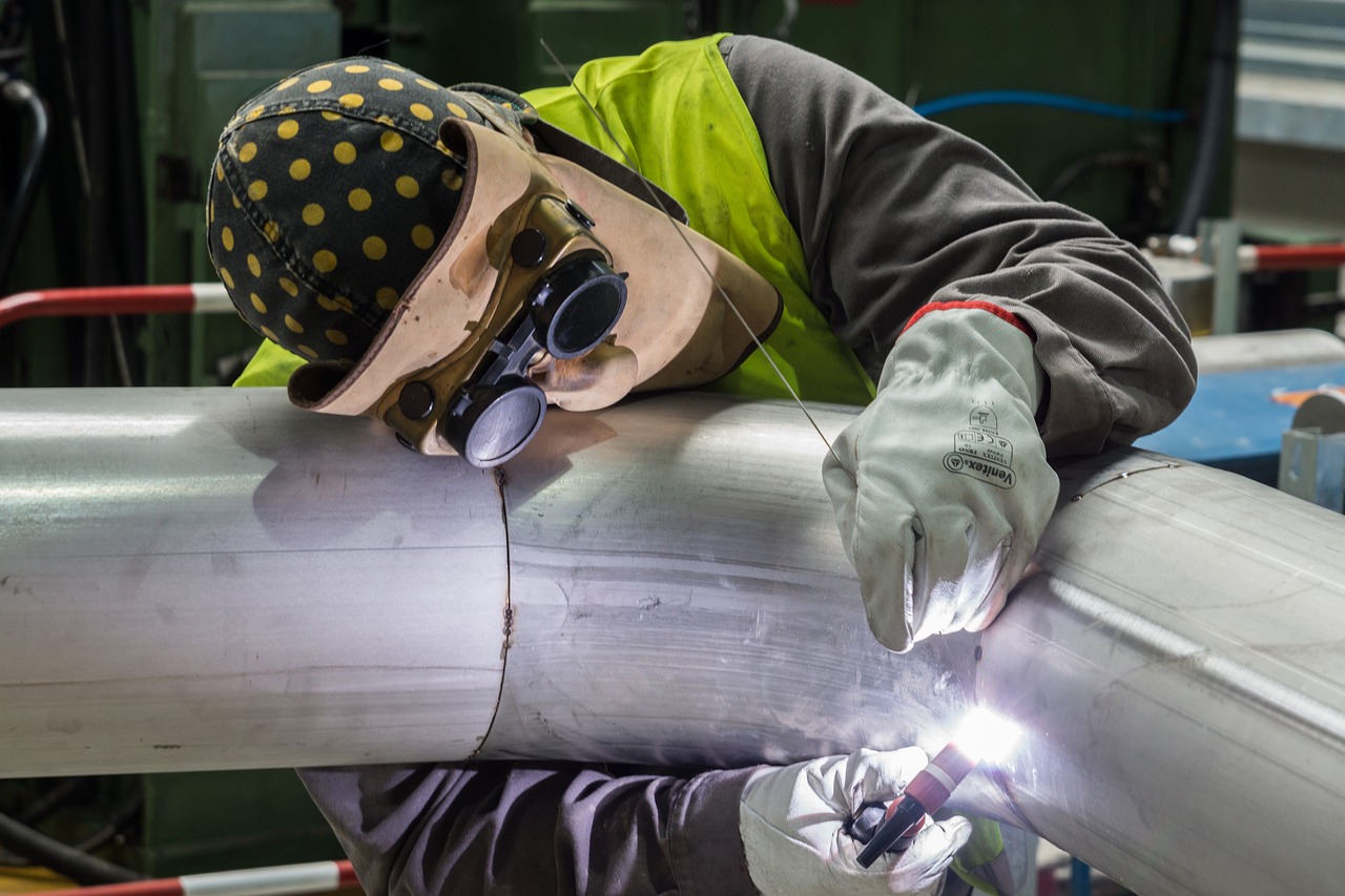 welder, factory, pipes, stainless steel, telescope, glove, security, job, work, worker, welder, welder, welder, welder, welder, stainless steel